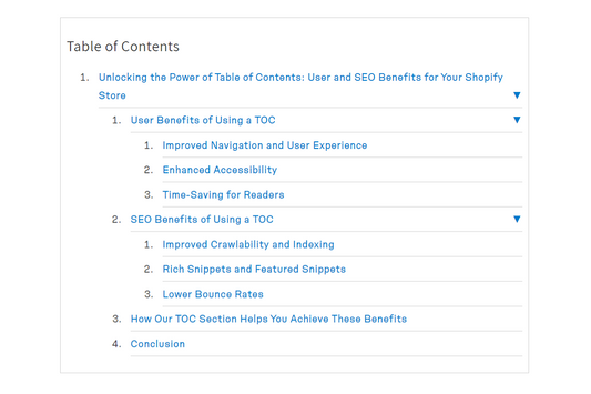 Table of Contents for Shopify Blogs and Pages