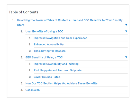 Table Of Contents for Shopify Blogs and Pages